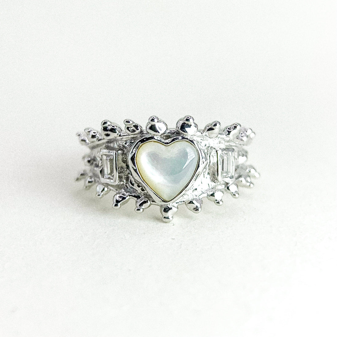Open Seashell Heart and CZ Silver Ring