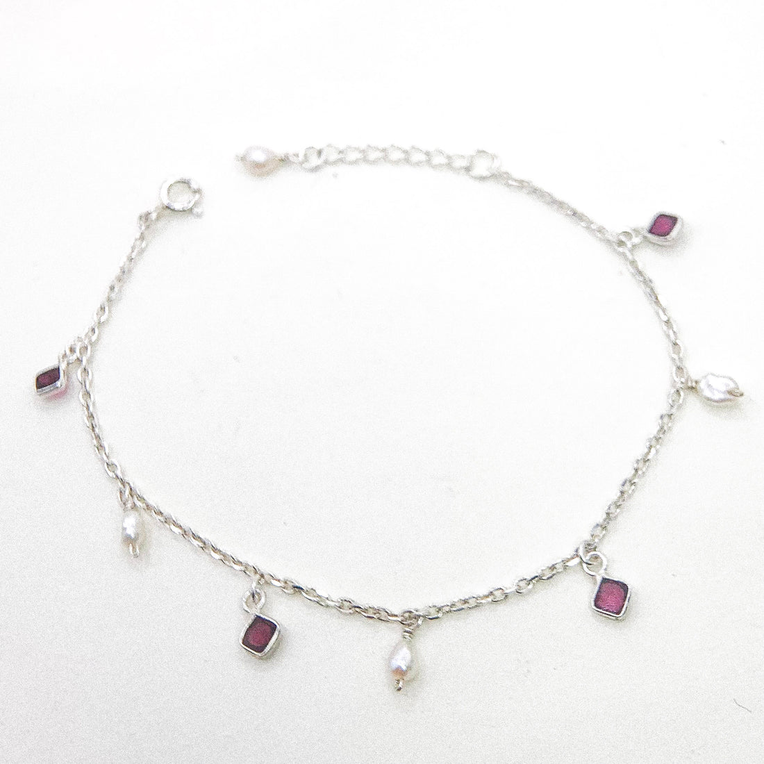 Garnet and Pearl Drop Silver Bracelet