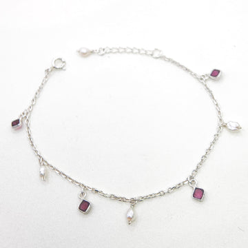Garnet and Pearl Drop Silver Bracelet