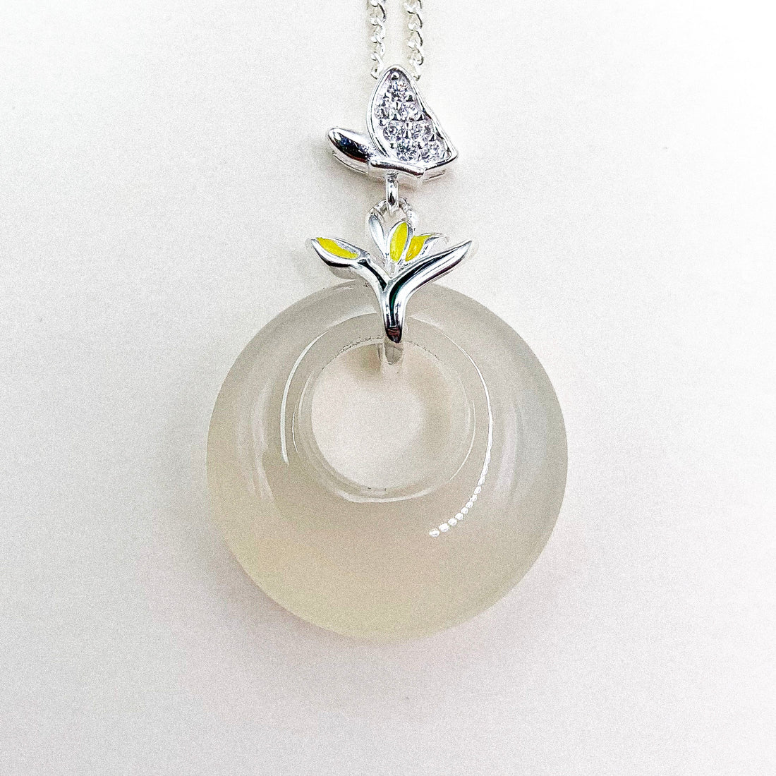 Small White Jade Yellow Flower Silver Pendant