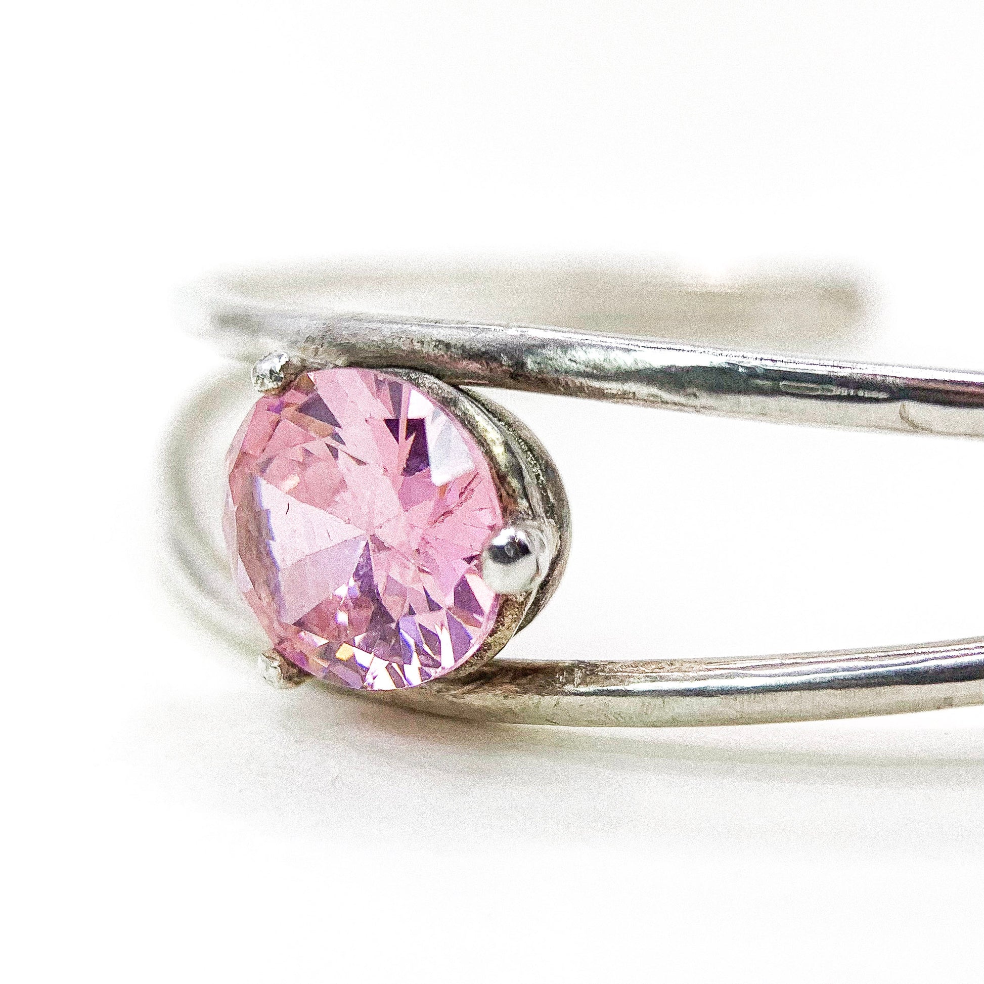 Pink CZ Double Line Silver Bangle — detail view