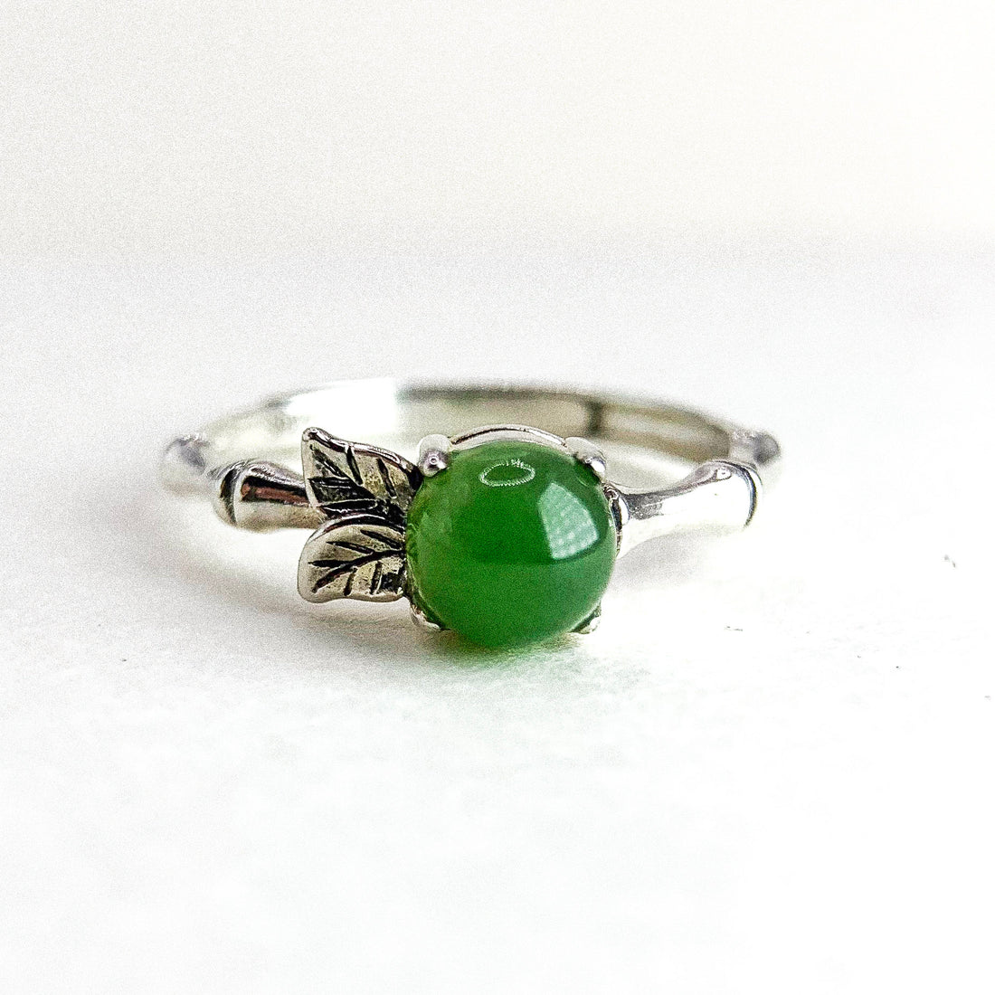 Jade Bamboo Leaf Silver Ring