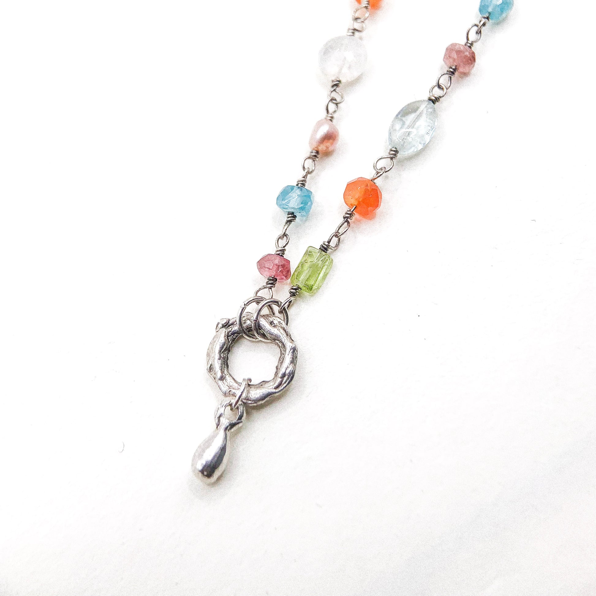 Drop Circle Multi Gem Silver Necklace — detail view