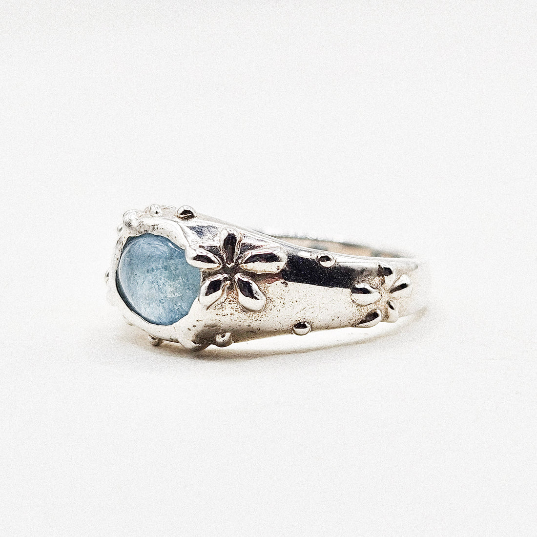 Aquamarine Flower Band Silver Ring