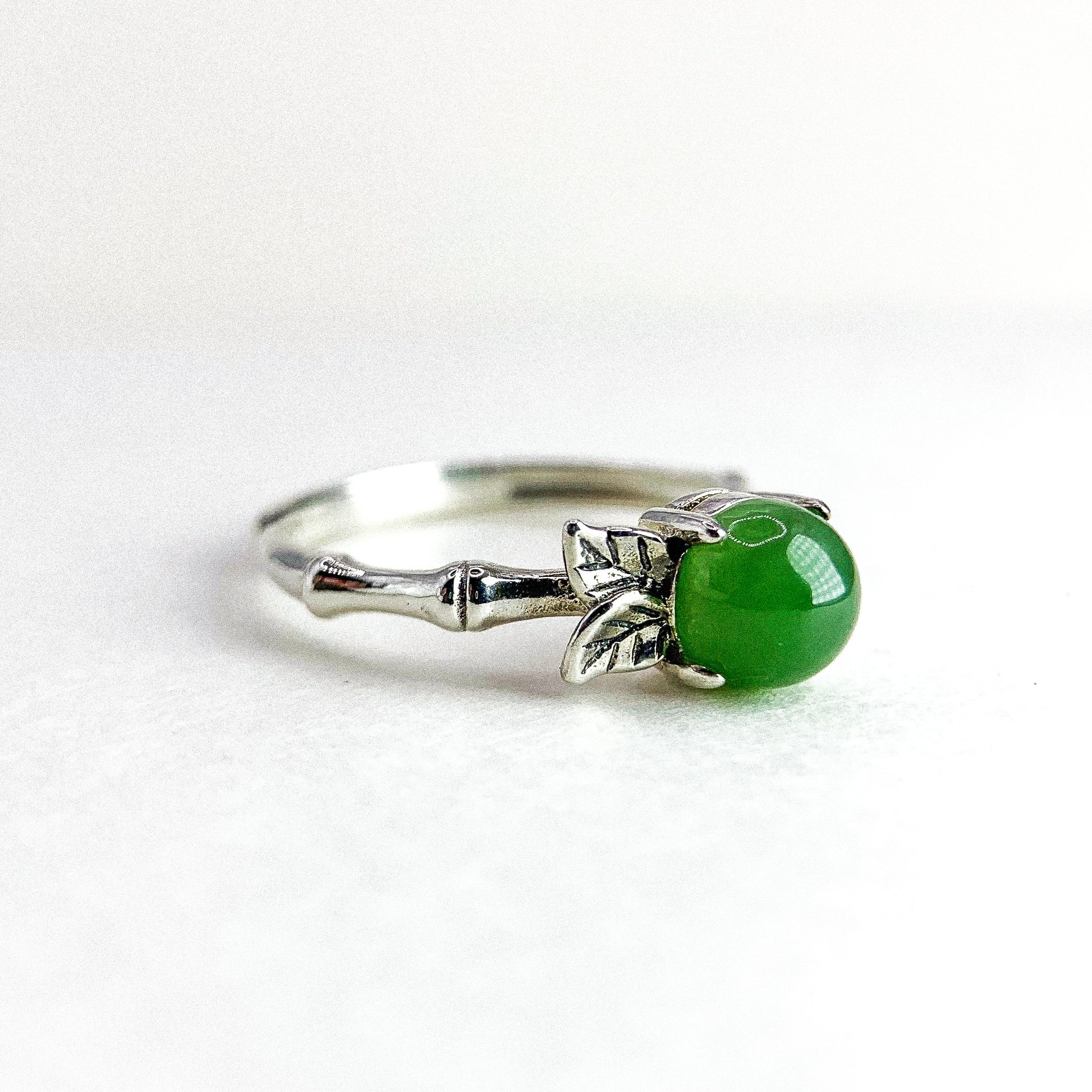 Jade Bamboo Leaf Silver Ring — detail view