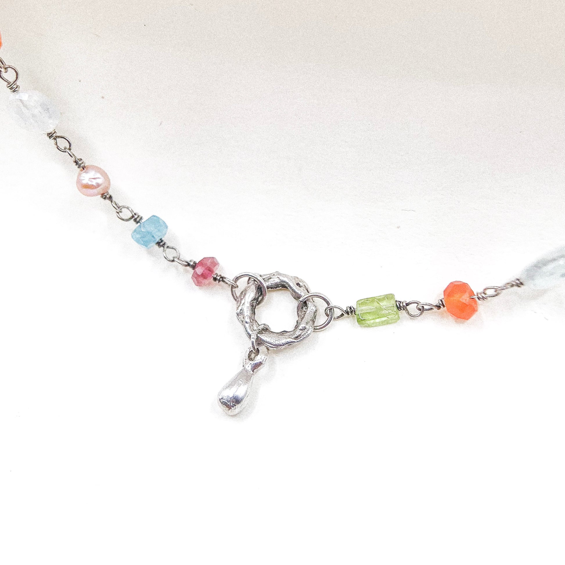 Drop Circle Multi Gem Silver Necklace
