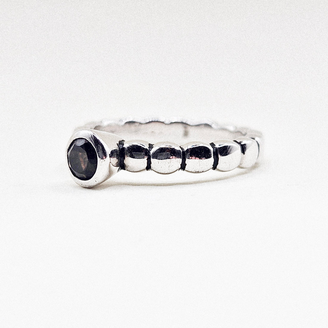 Smoky Quartz Dot Line Band Silver Ring