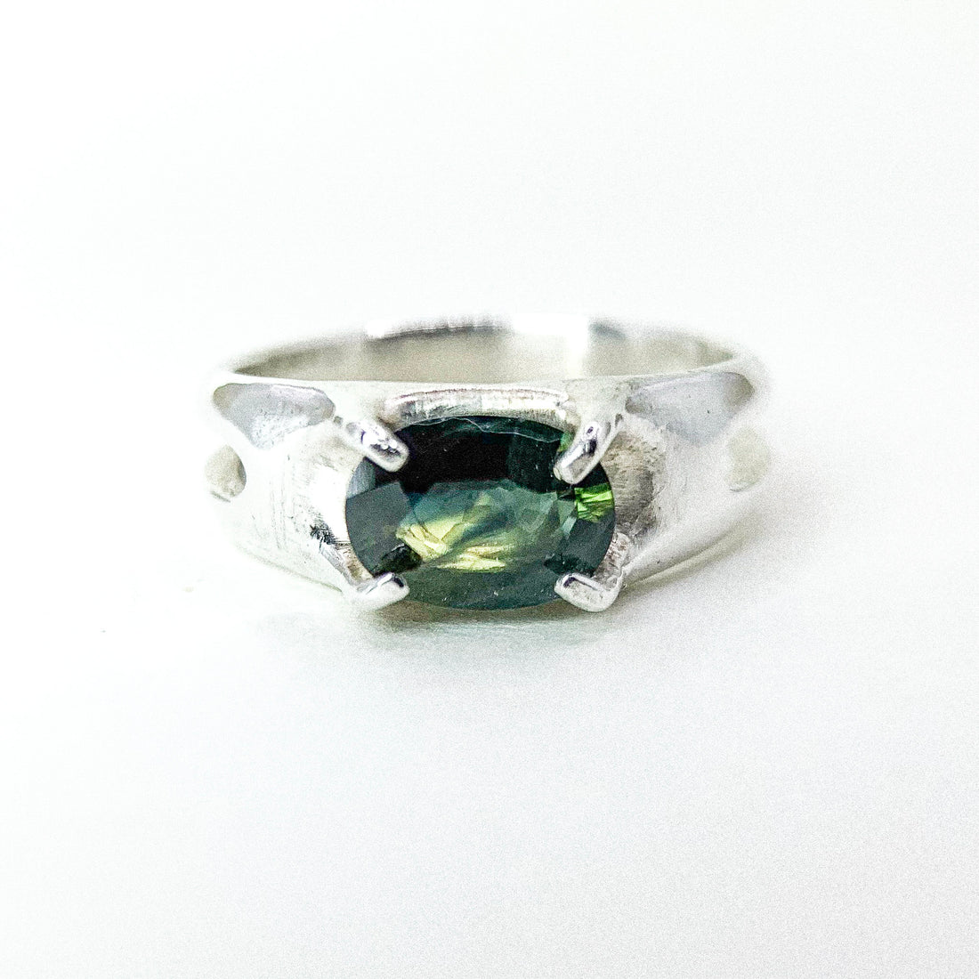 Green Tourmaline Four Claw Silver Ring