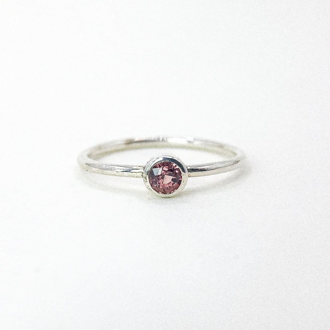 Circle Garnet Bezel Thin Band Silver Ring