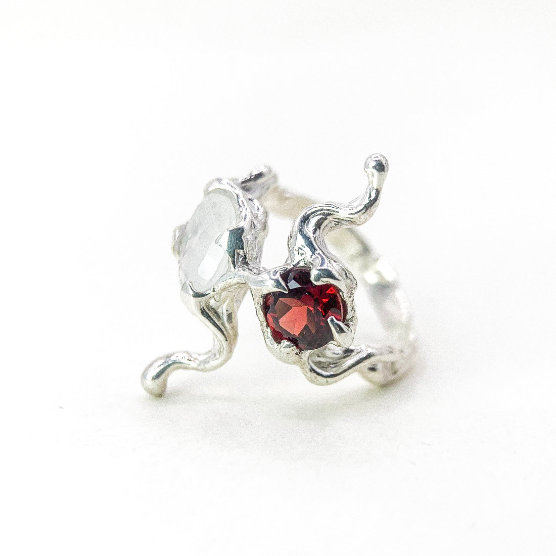 Moonstone and Garnet Wavy Silver Ring