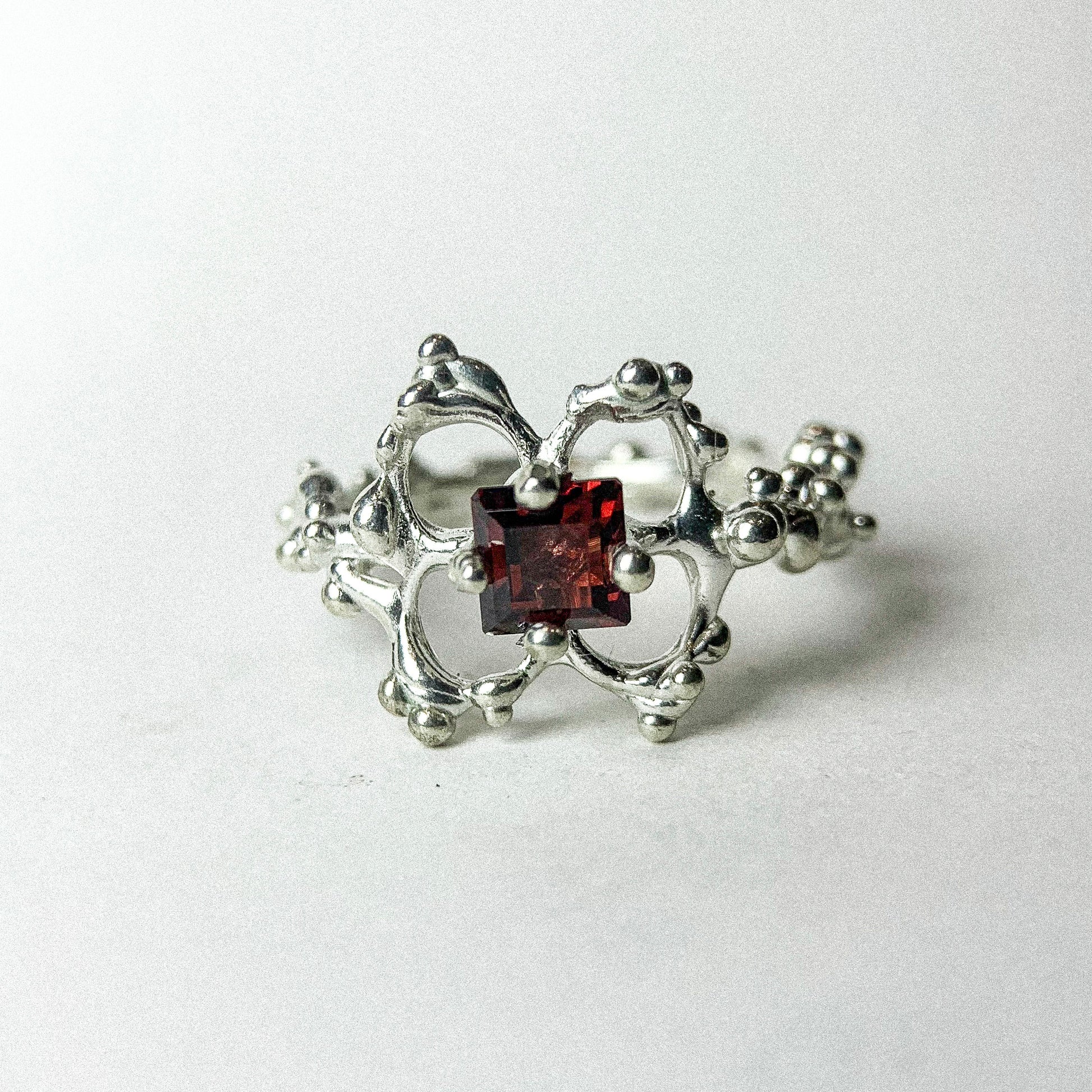 Garnet Flower Silver Ring