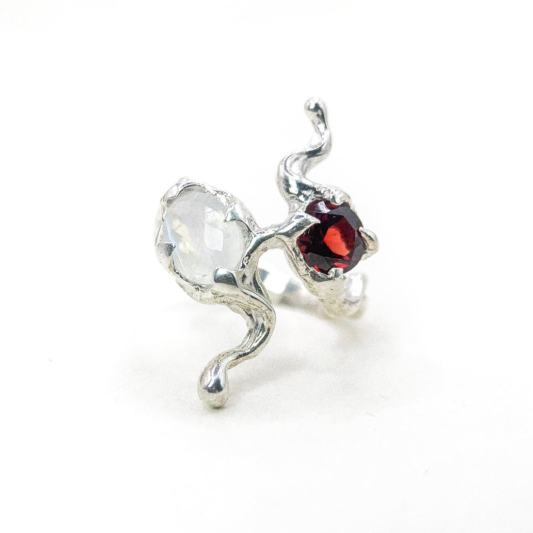 Moonstone and Garnet Wavy Silver Ring
