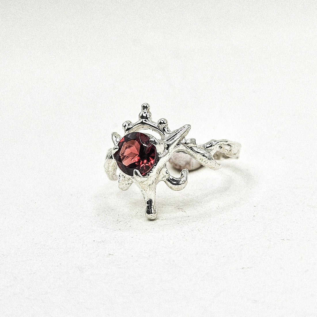 Red Gem Spiky Silver Ring
