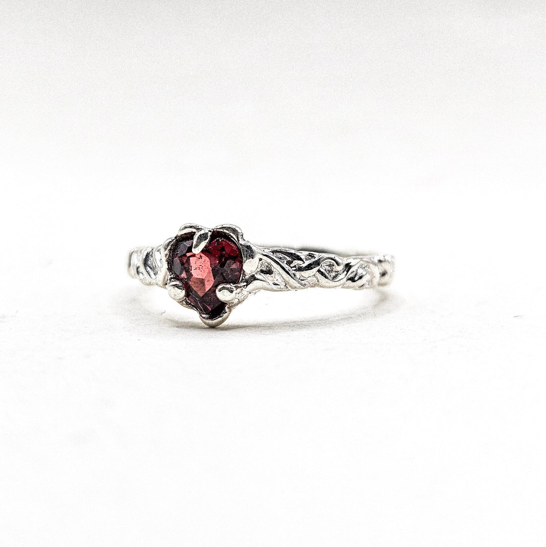 Garnet Mini Heart Silver Ring