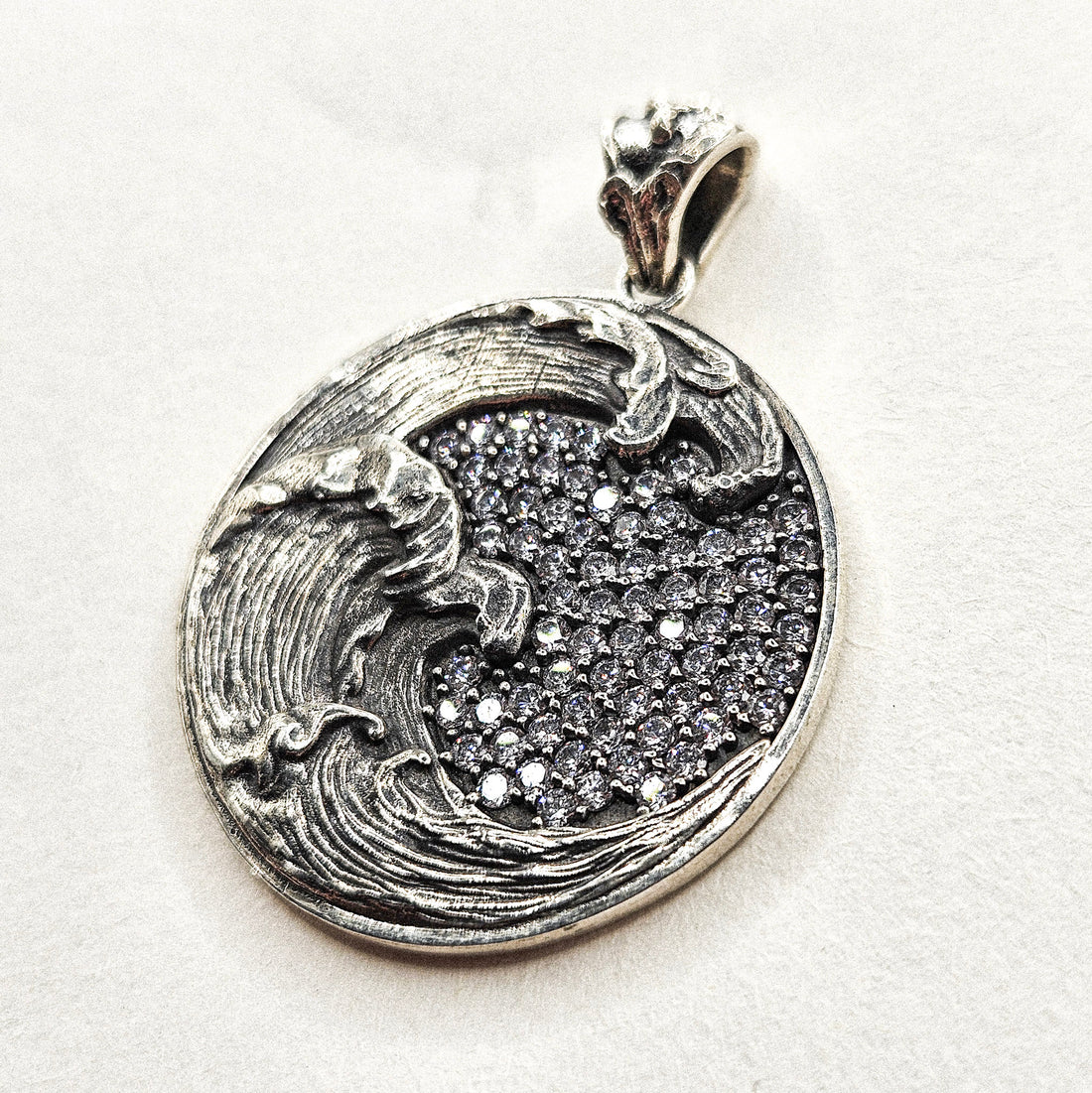 Cubic Zirconia Pave Sea Wave Silver Pendant