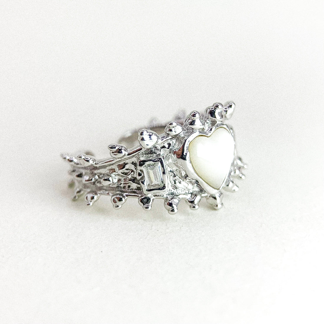 Open Seashell Heart and CZ Silver Ring
