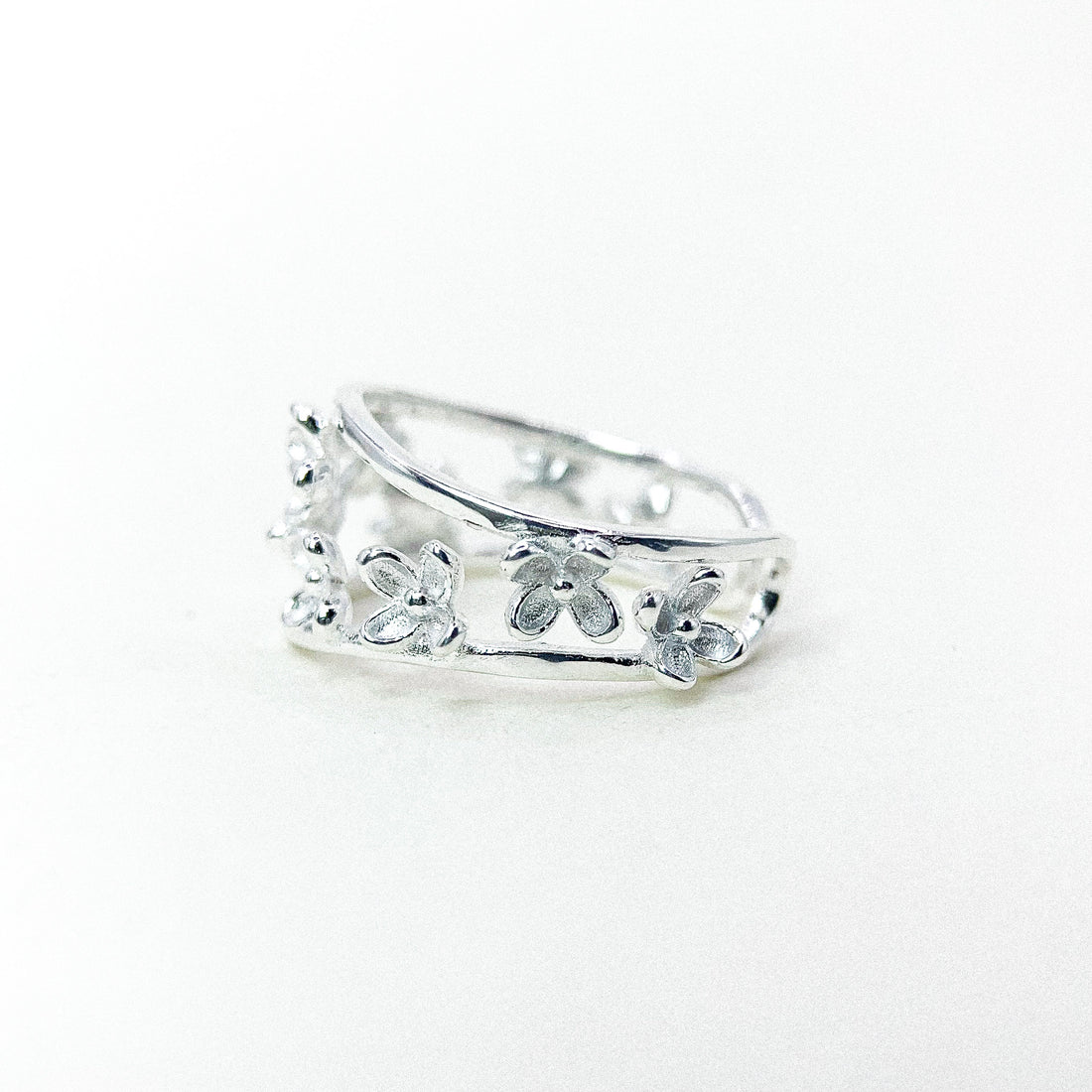 Multi Flower Open Band Silver Ring