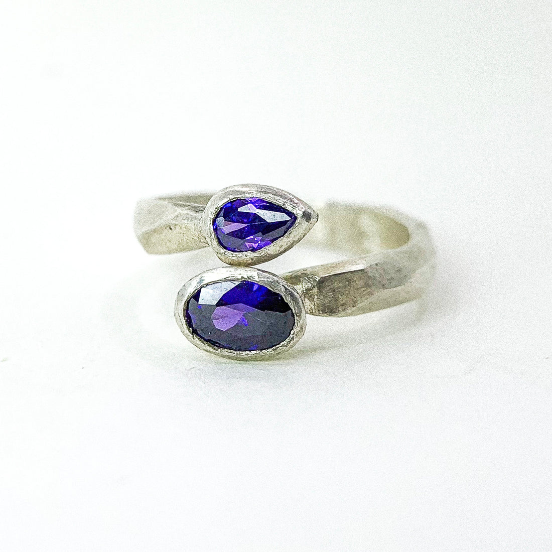 Dual Amethyst Open Silver Ring