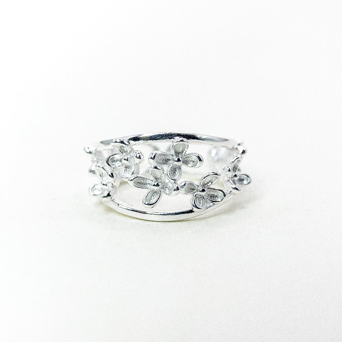 Multi Flower Open Band Silver Ring