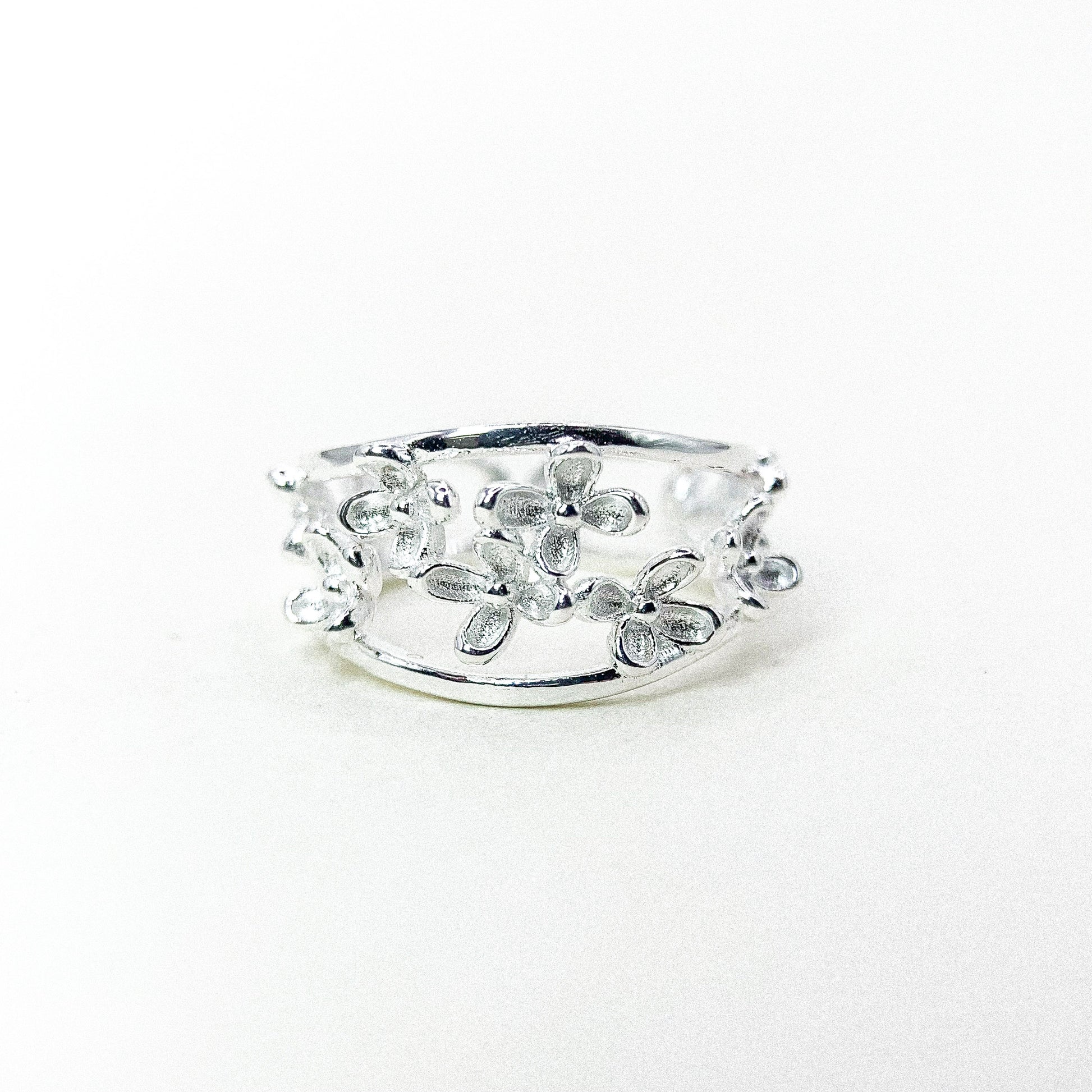 Multi Flower Open Band Silver Ring