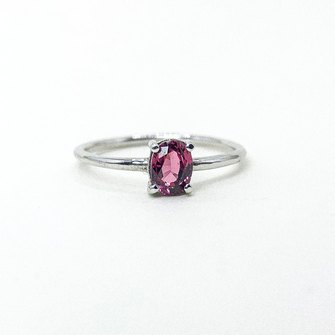 Oval Garnet Claw Thin Band Silver Ring