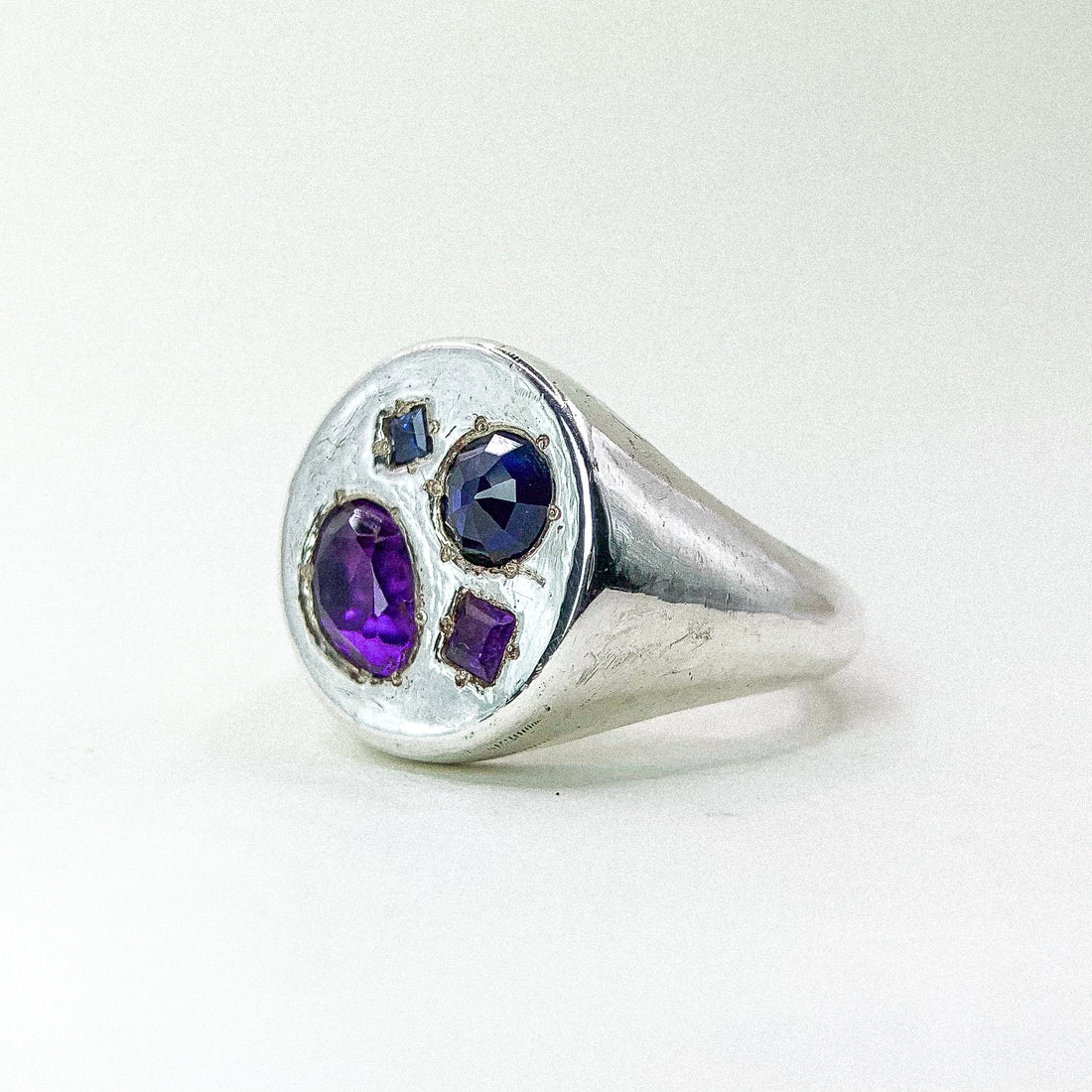 Amethyst Sapphire Round Signet Silver Ring