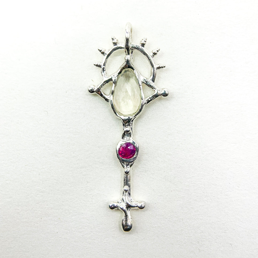 Opal and Milky Sapphire Key Silver Pendant