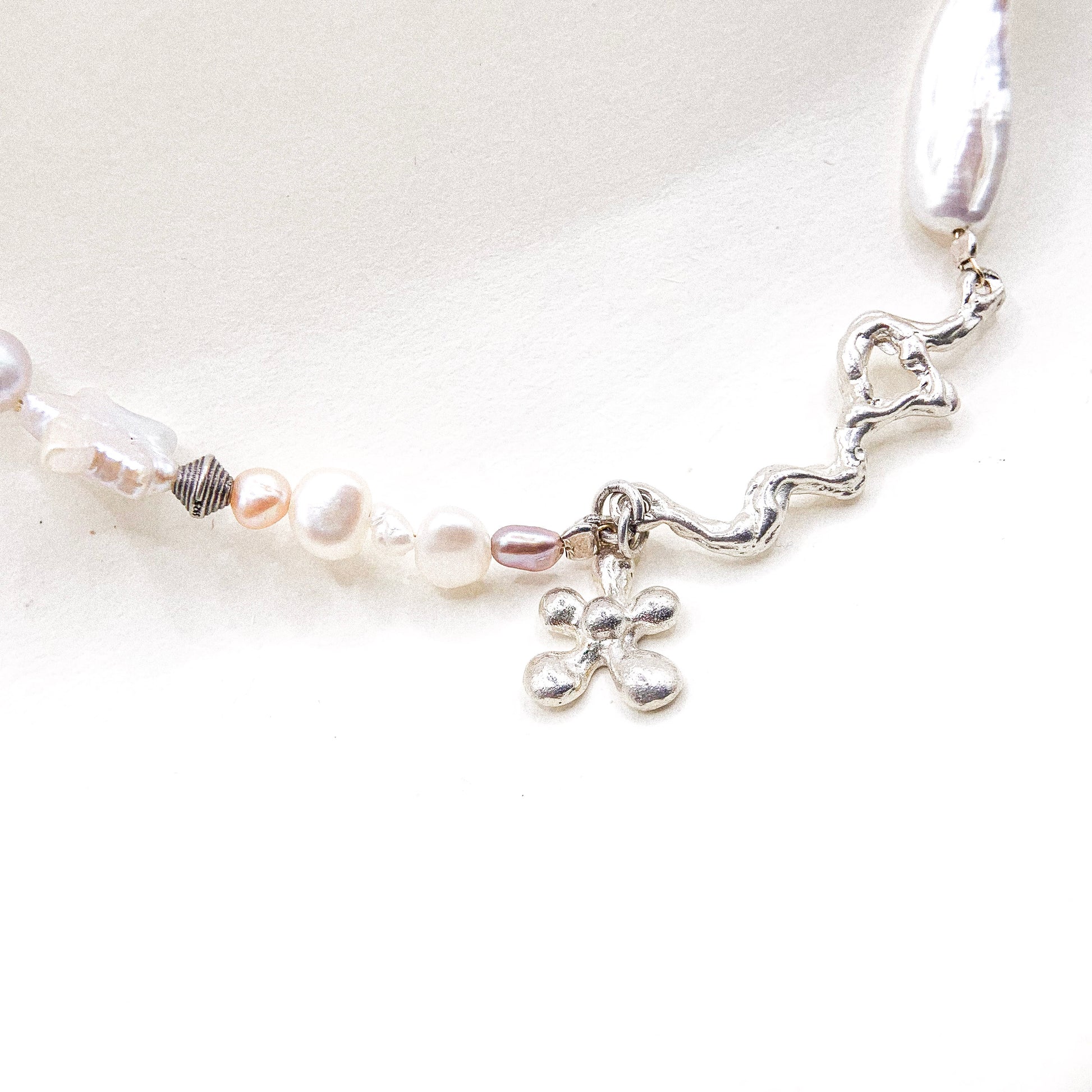 Multi Pearl Drop Flower Silver Necklace — detail view