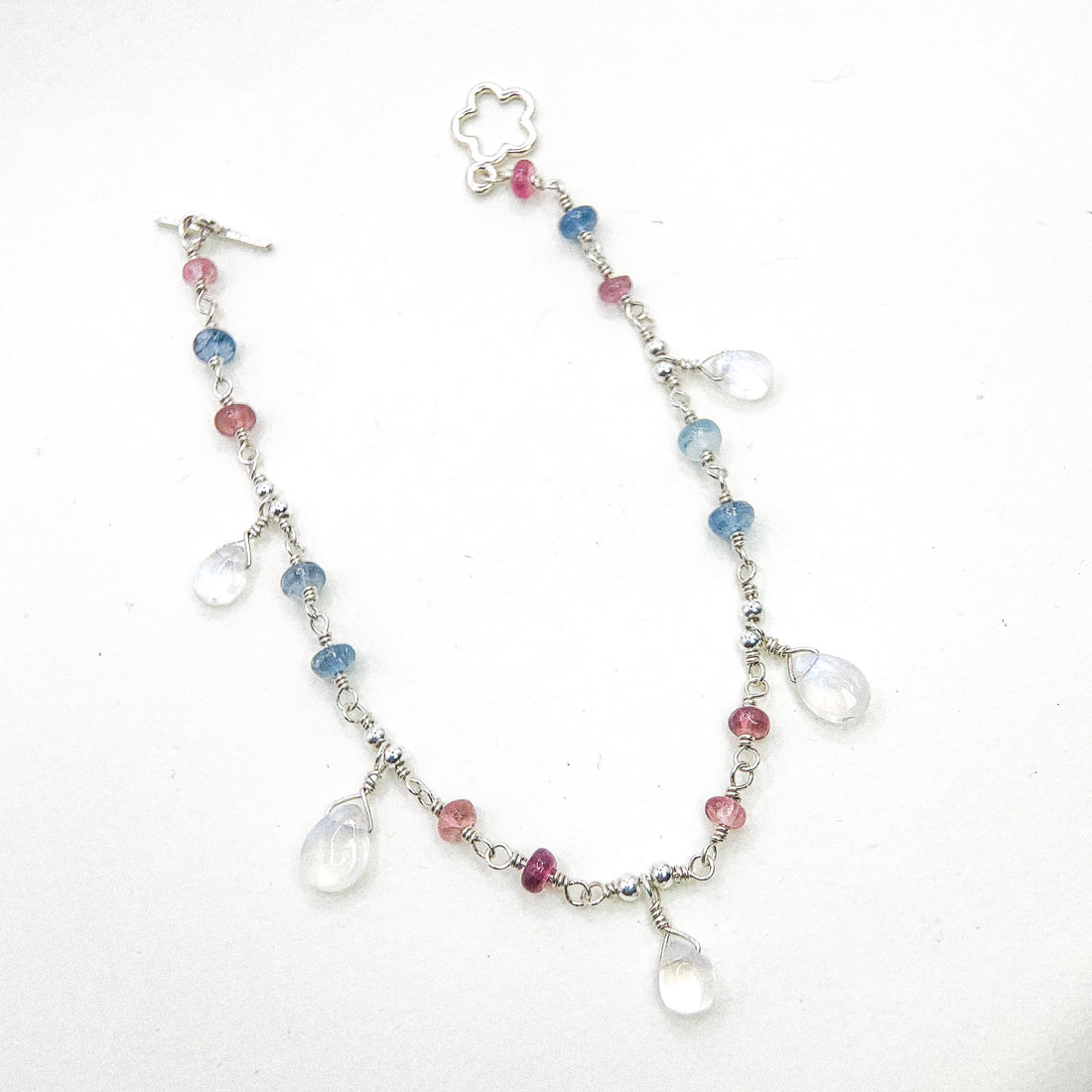Tourmaline and Moonstone Drop Silver Bacelet Chain Bracelet