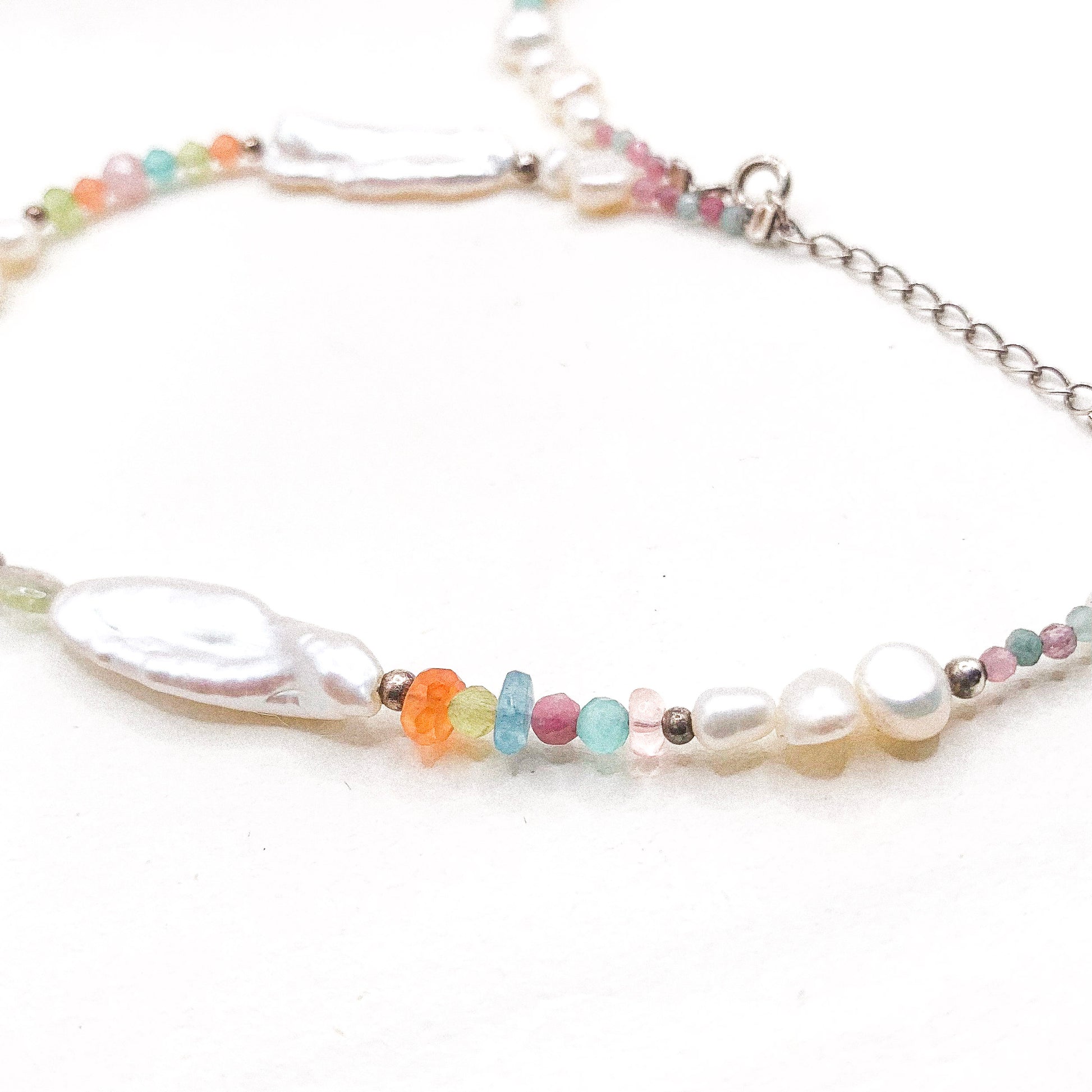 Multi Gem and Bar Pearl Silver Necklace — detail view
