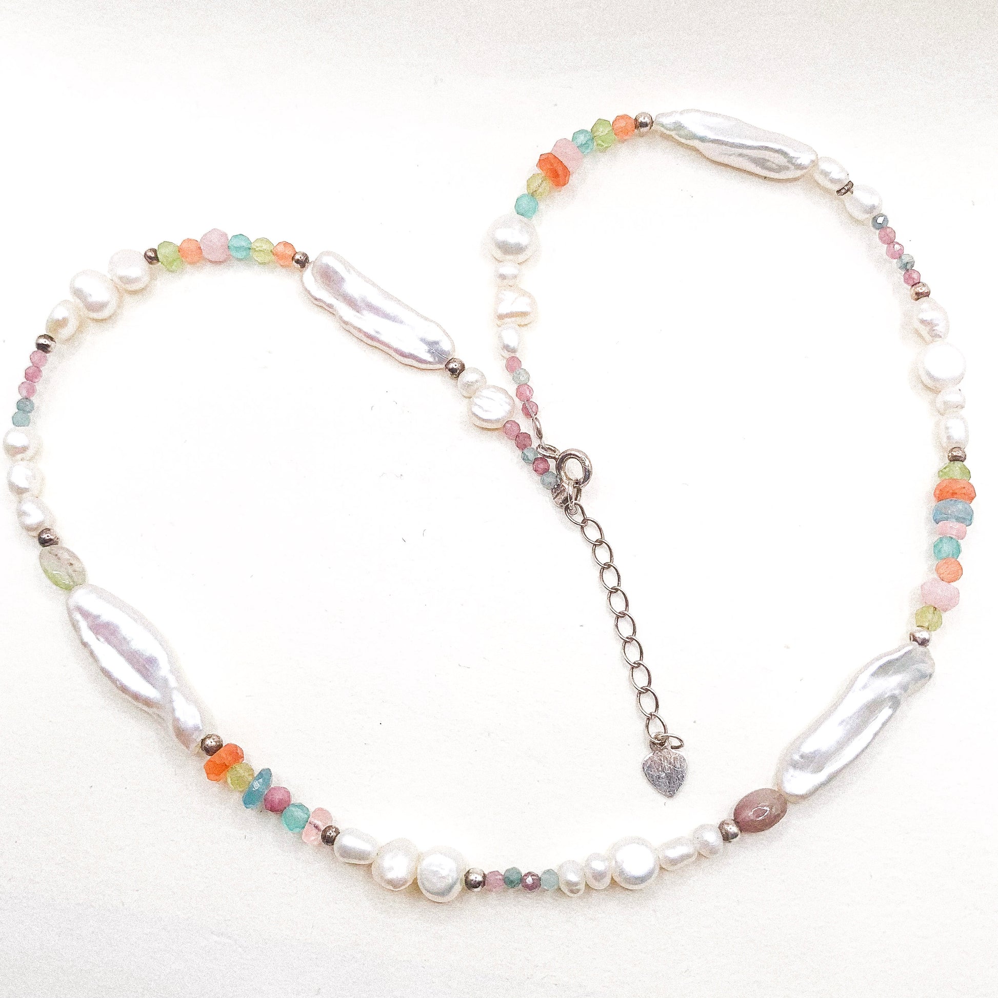 Multi Gem and Bar Pearl Silver Necklace
