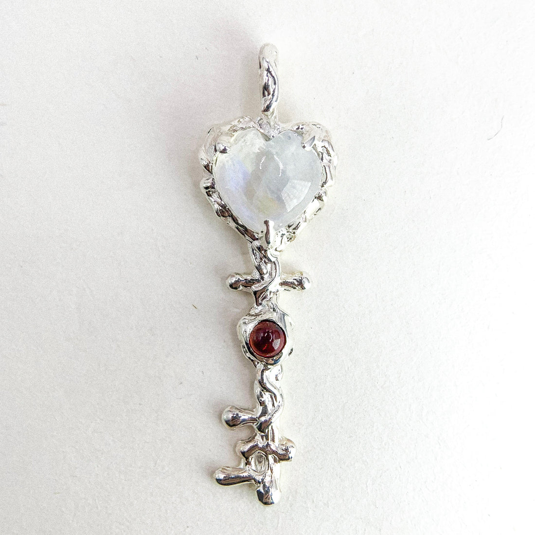Moonstone and Garnet Key Silver Pendant