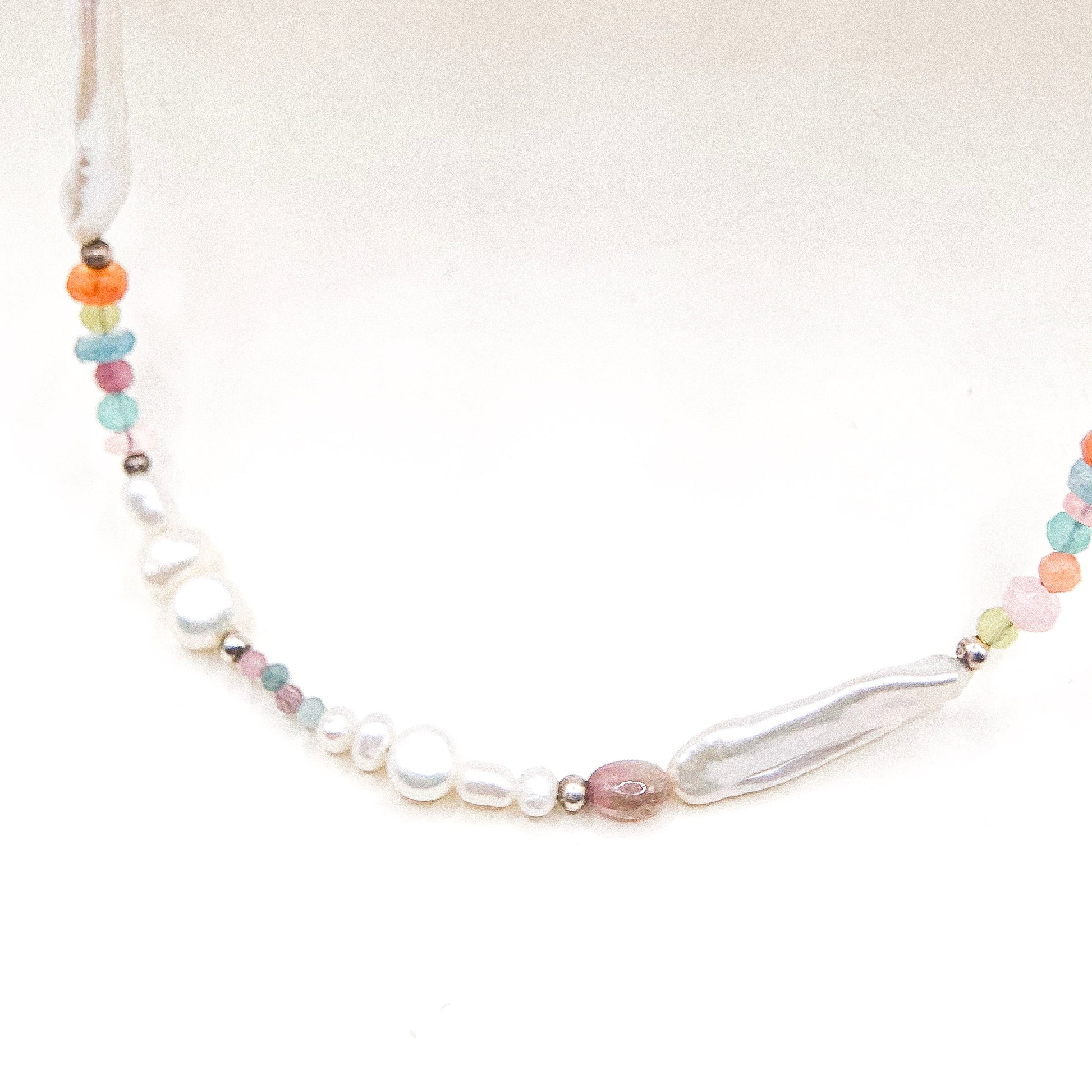 Multi Gem and Bar Pearl Silver Necklace — detail view