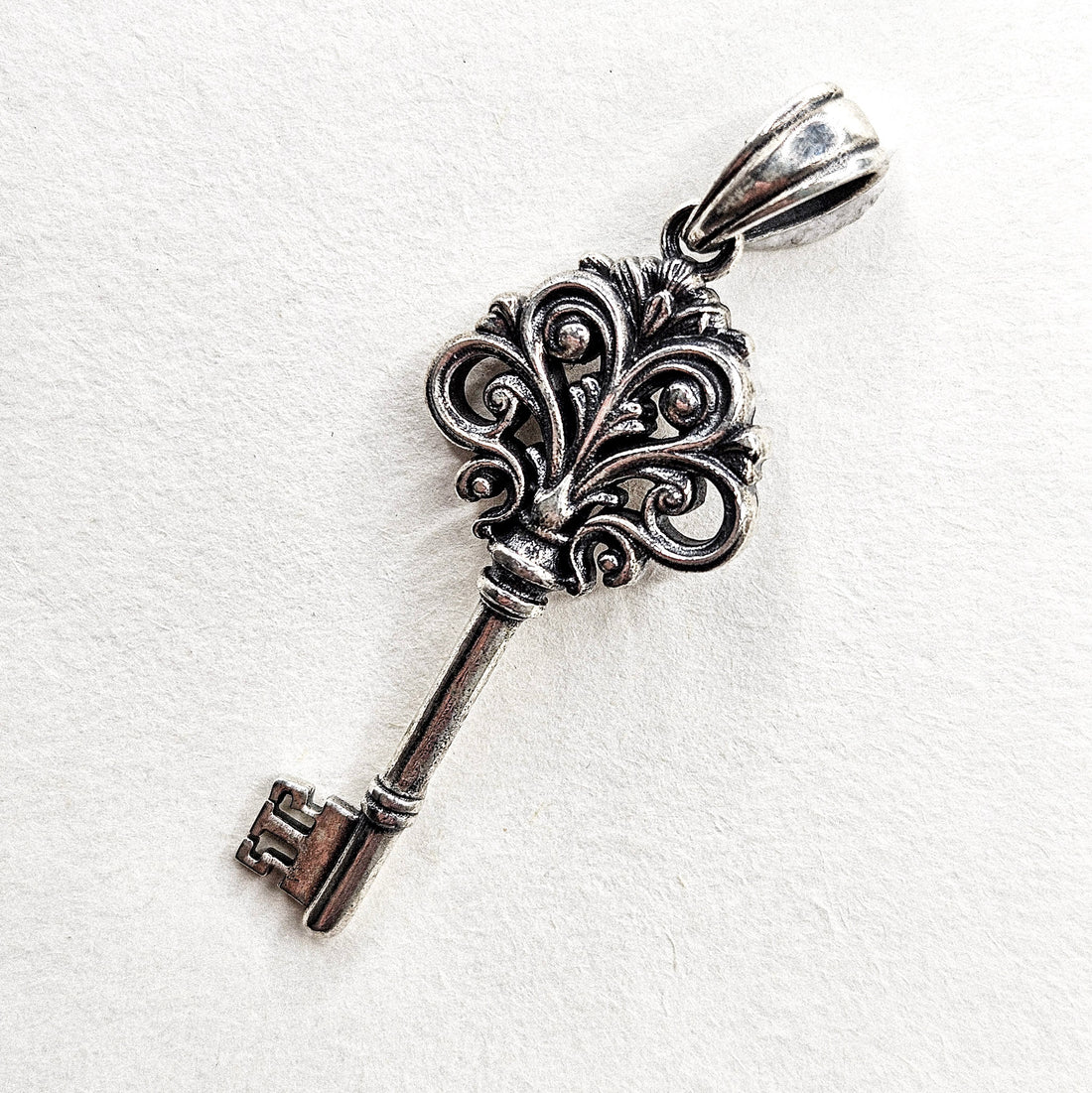 Oxidized Gothic Ornate Key Silver Pendant