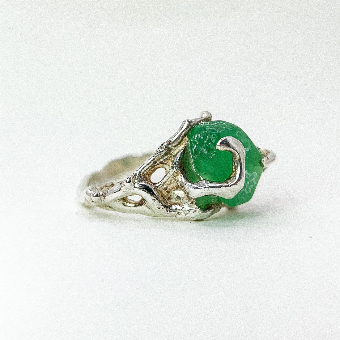Jade Flower Carve Silver Ring