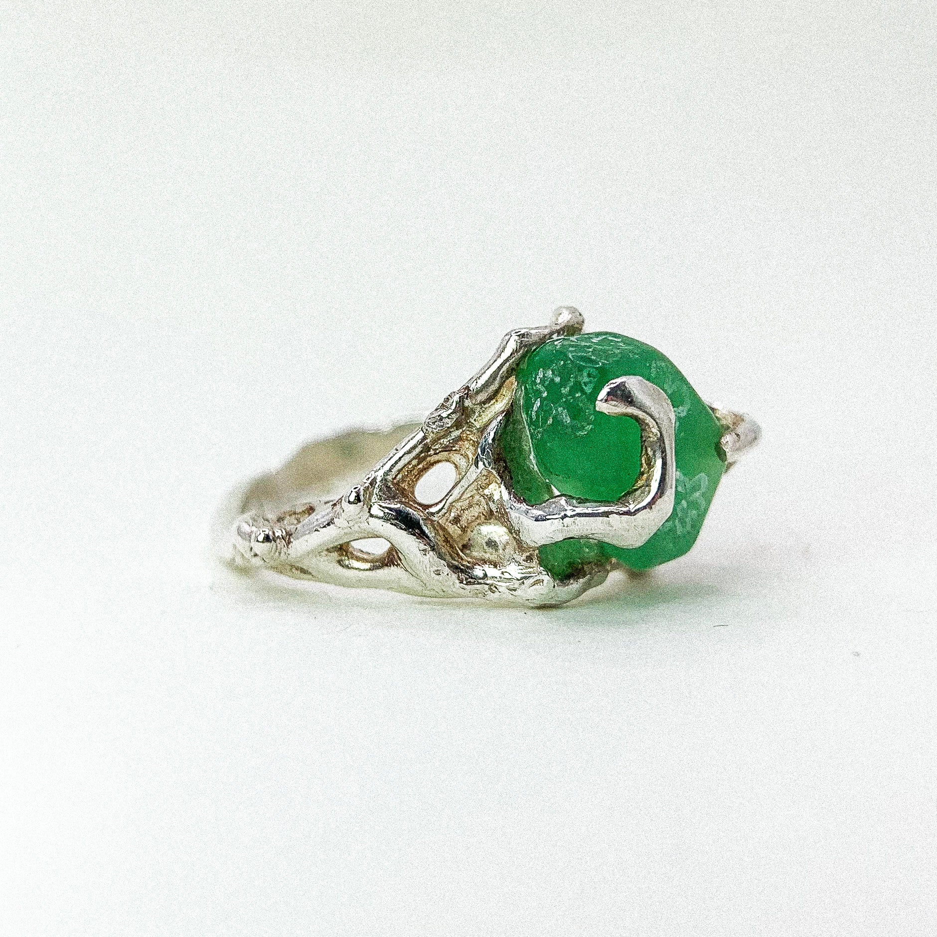 Jade Flower Carve Silver Ring — detail view
