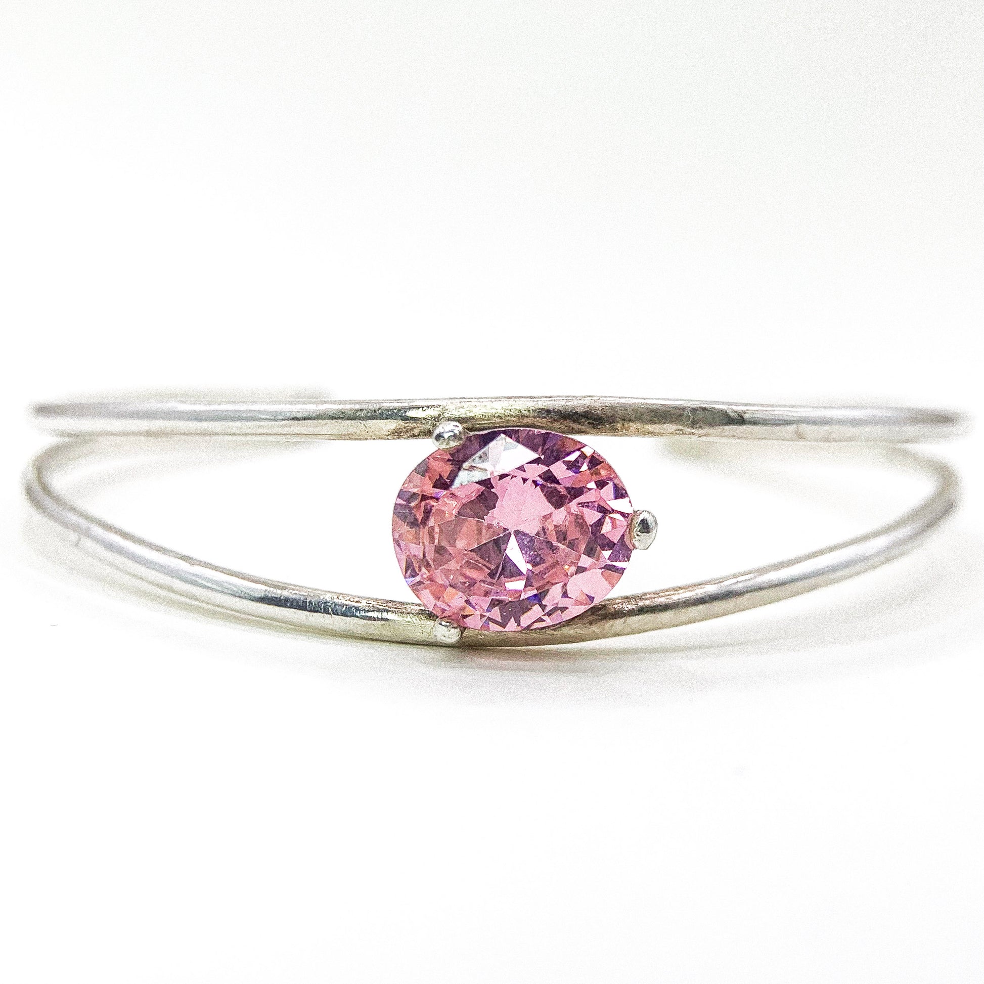 Pink CZ Double Line Silver Bangle