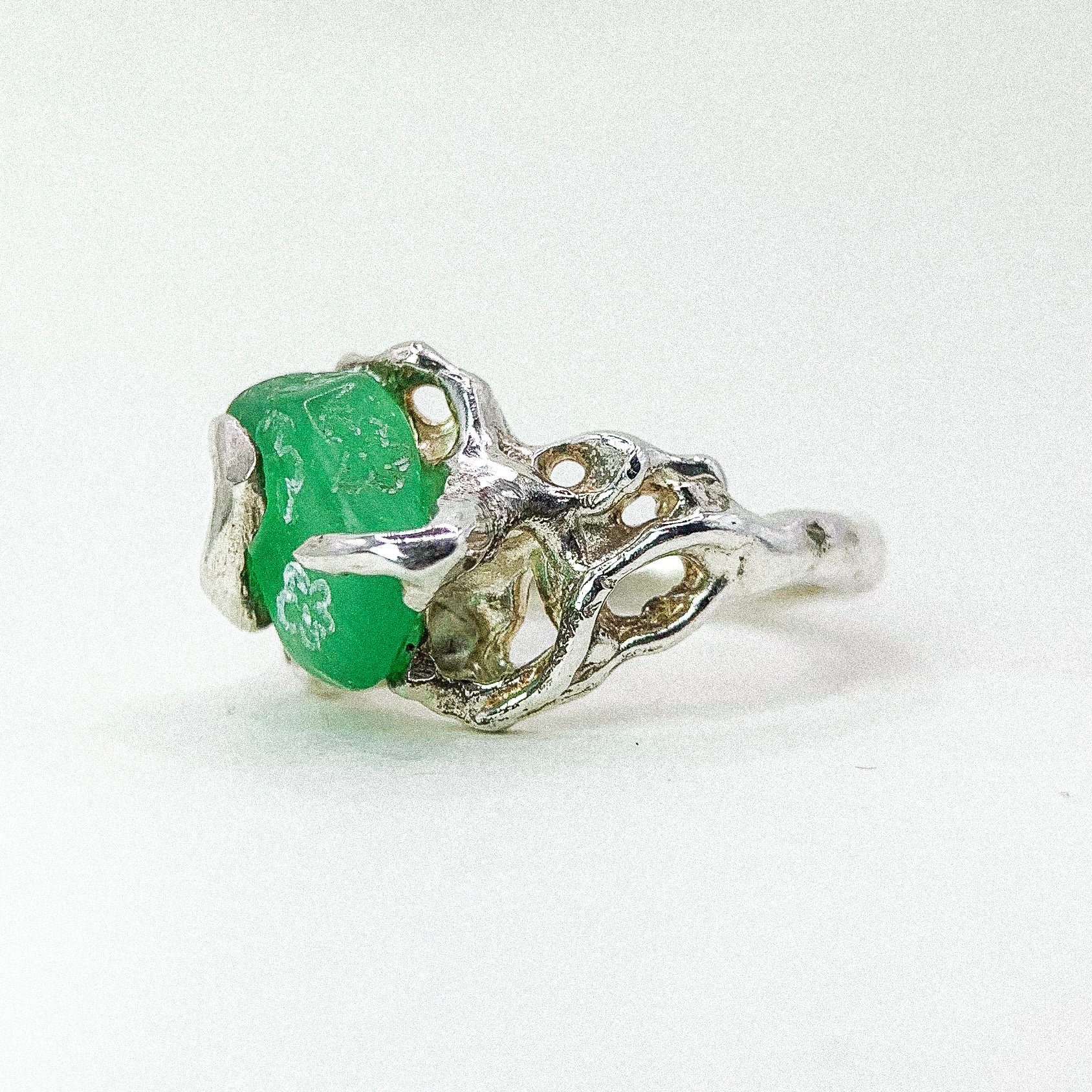 Jade Flower Carve Silver Ring — detail view
