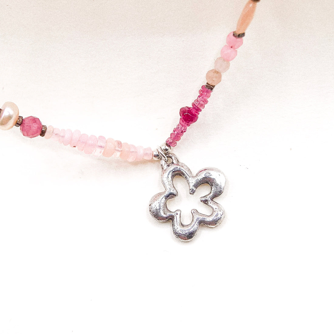 PINK OPAL FLOWER SILVER NECKLACE
