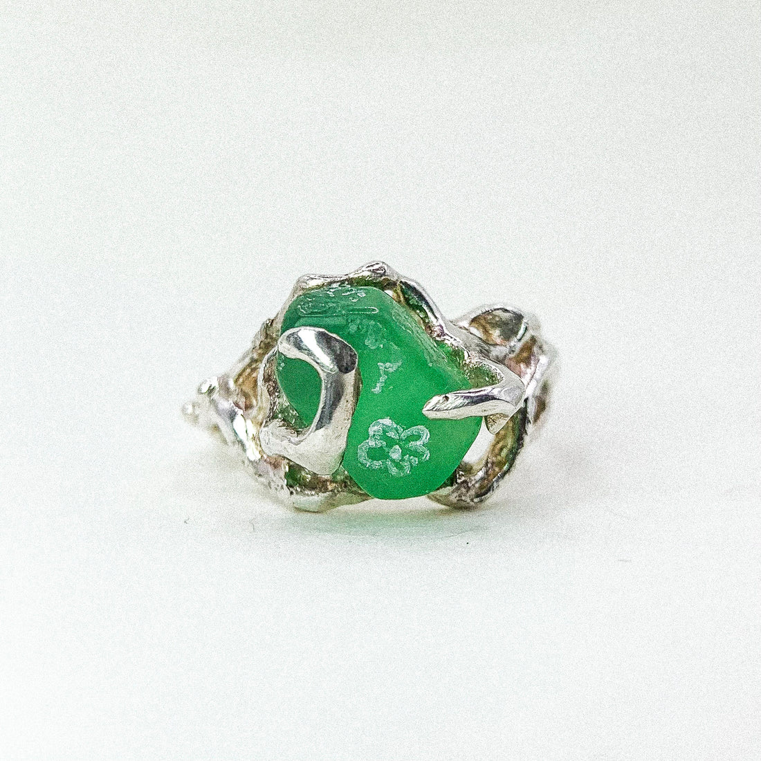 Jade Flower Carve Silver Ring