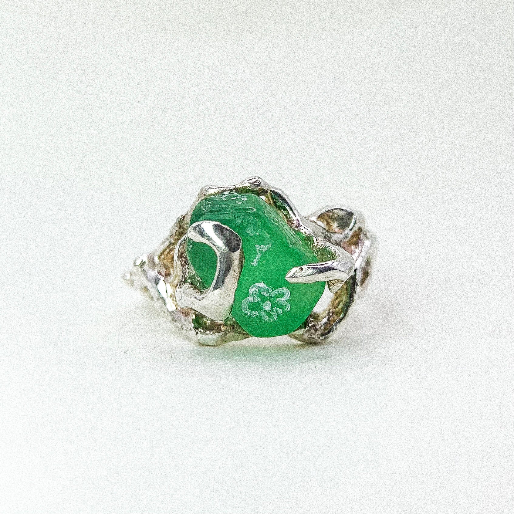 Jade Flower Carve Silver Ring