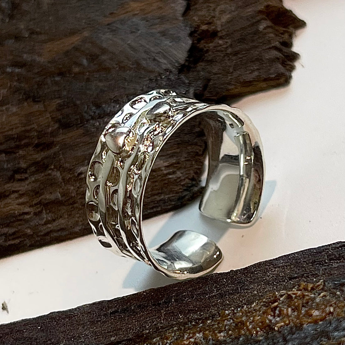 Wide Texture Band Double Tiny Heart Silver Ring