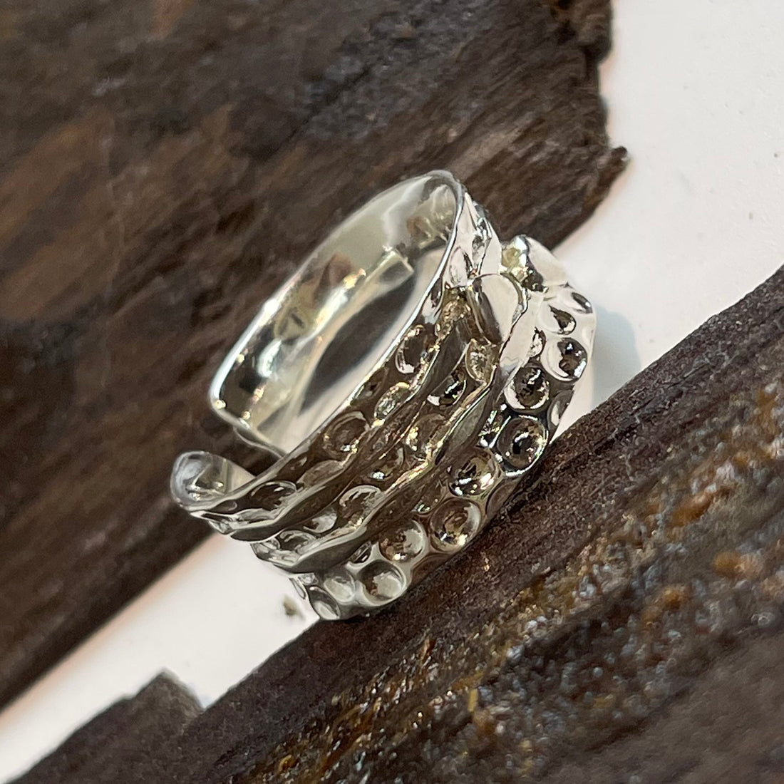 Wide Texture Band Double Tiny Heart Silver Ring