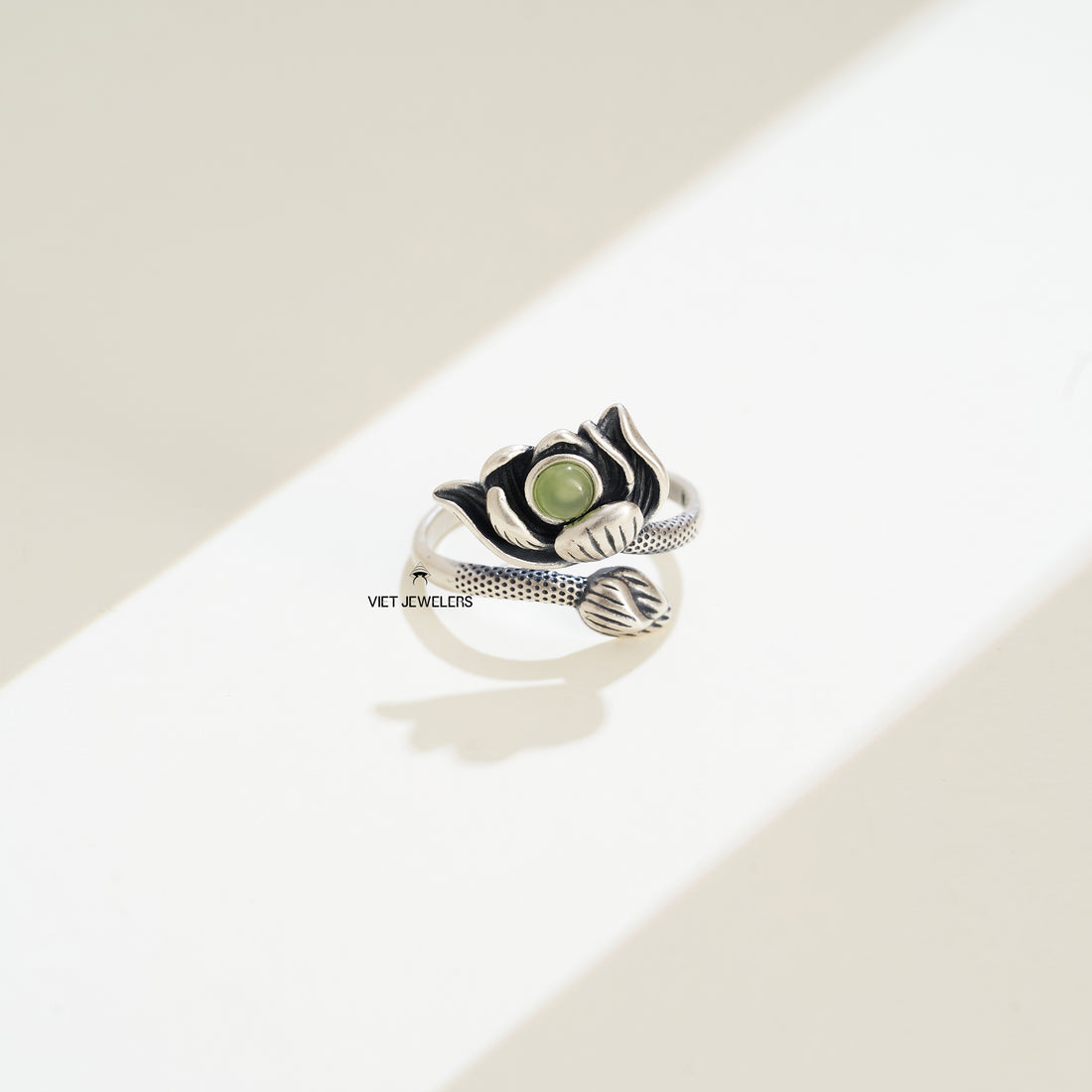 Lotus Jade Silver Ring — Oxidized