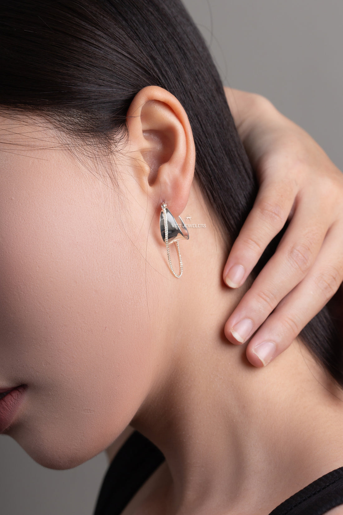 Sleek Oval With Chain Ear Hoop