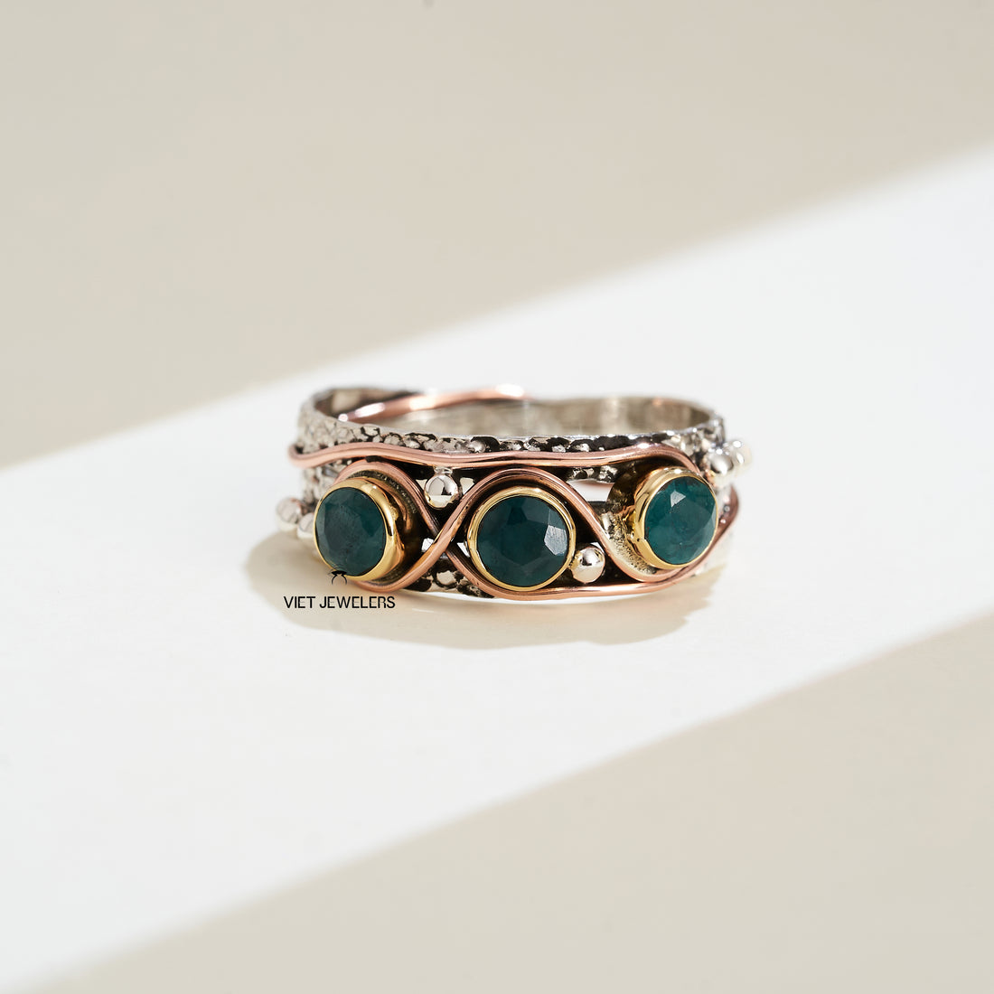 Copper Wire Green Agate Silver Ring