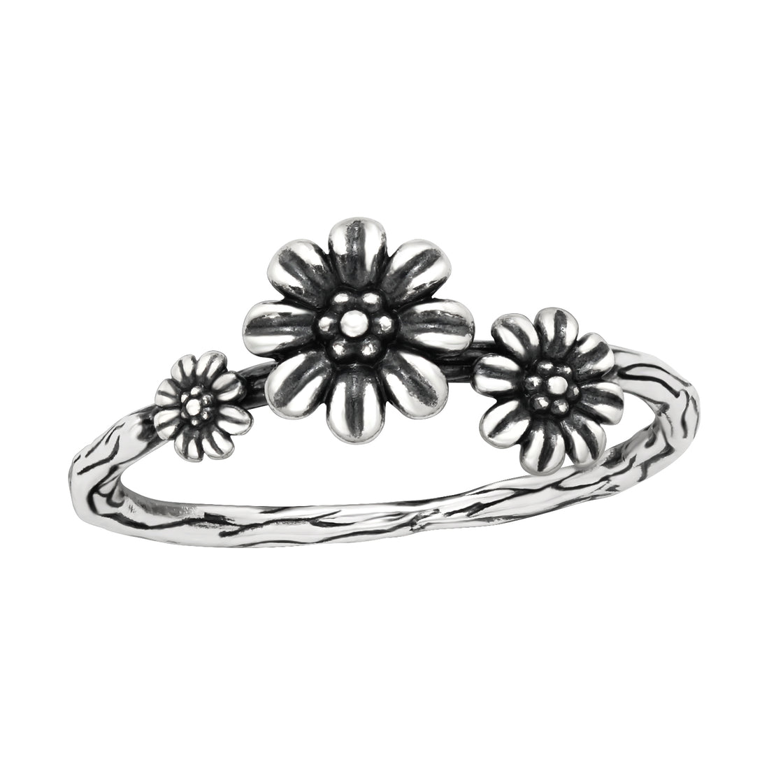 Triple Sun Flower Silver Ring — Oxidized