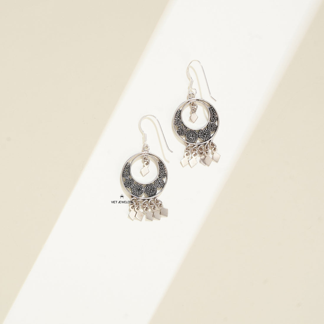 Open Circle Drop Square Spiral Ear Hook — Oxidized