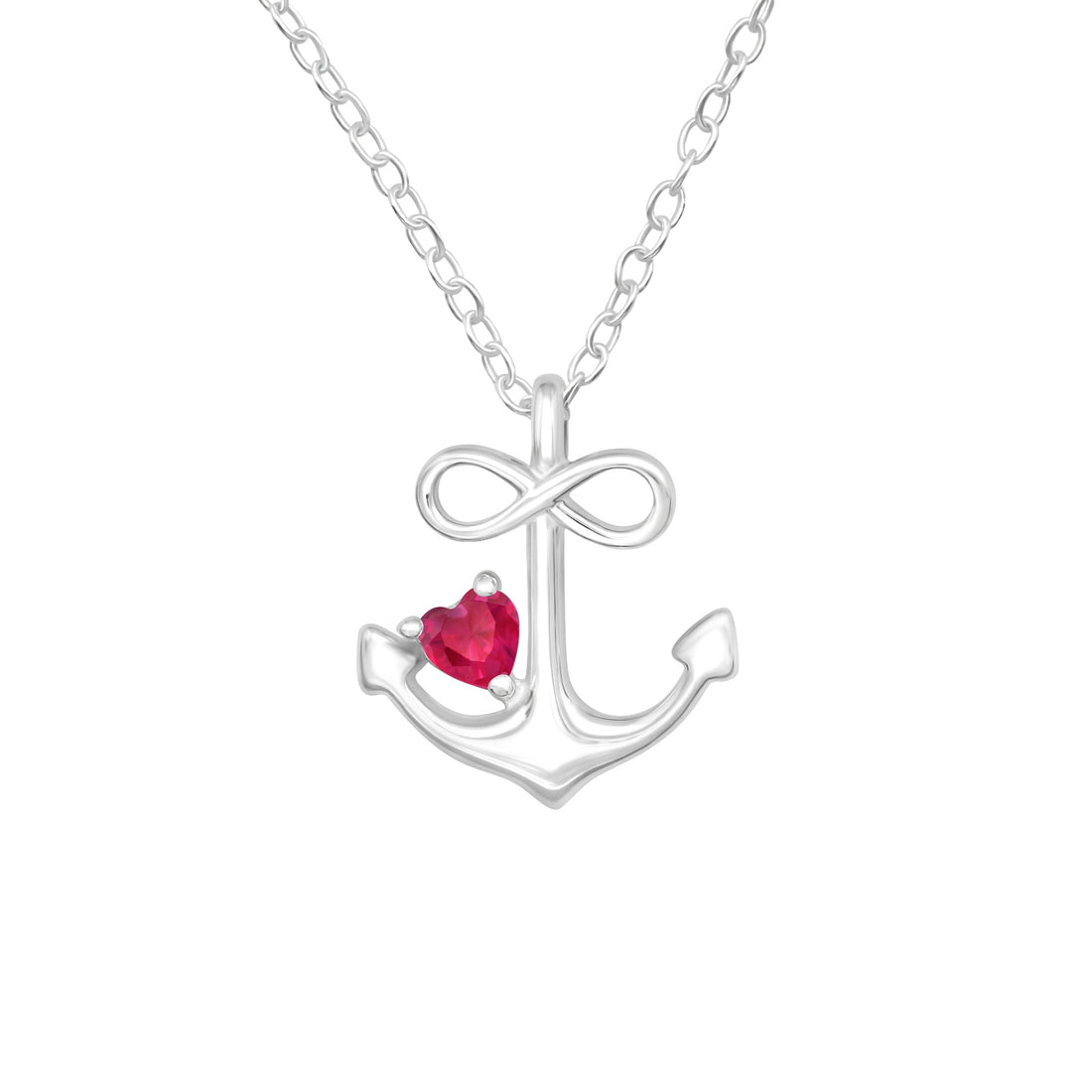 Anchor Red Heart Gem Silver Necklace