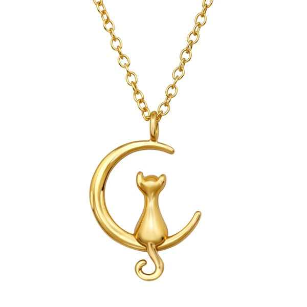 Cat Moon Silver Necklace — Gold Plated